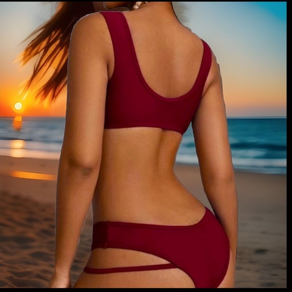 Sexy Maroon Bikini Scoop Kneck Chest Pads Wireless W/ Lining 2Pc Limited Edition - Picture 4 of 6